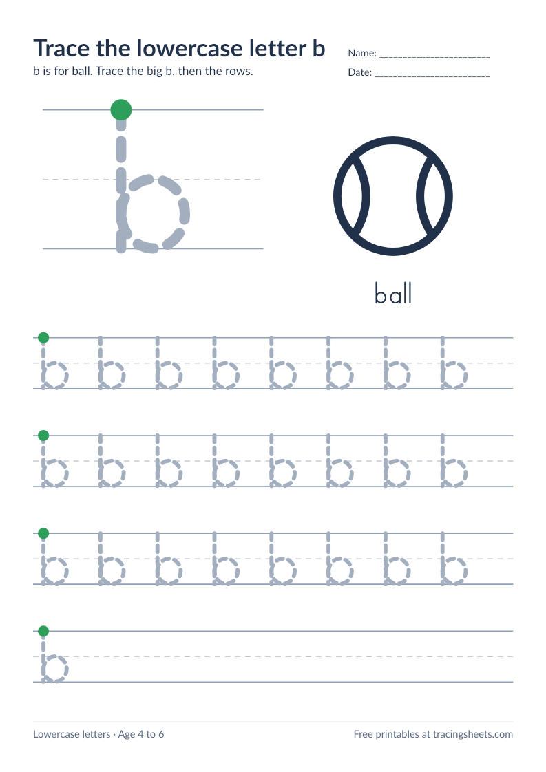 Preview of the printable trace the lowercase letter b worksheet