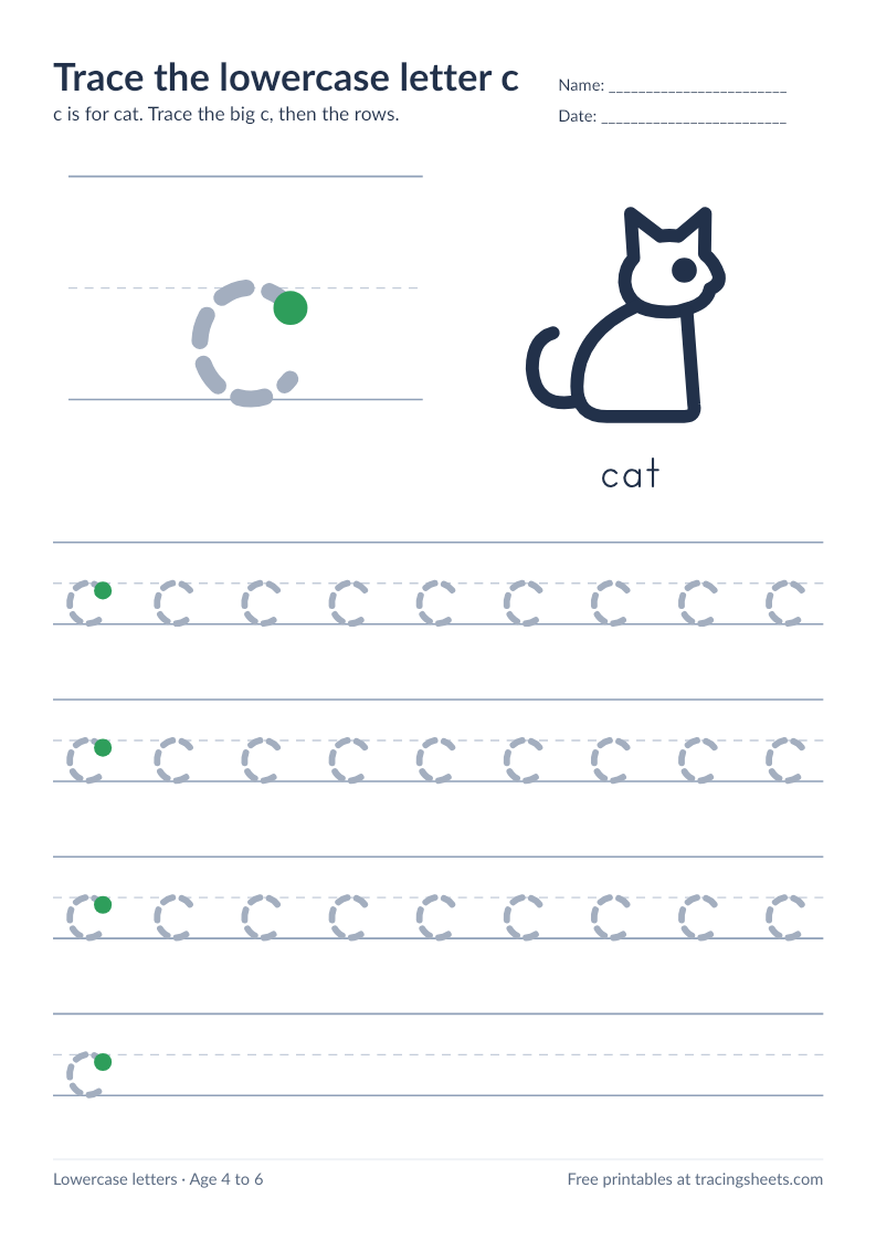 Preview of the printable trace the lowercase letter c worksheet