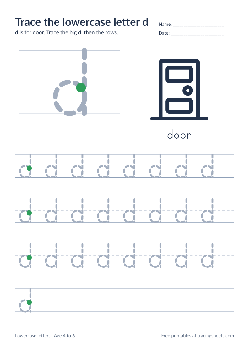 Preview of the printable trace the lowercase letter d worksheet