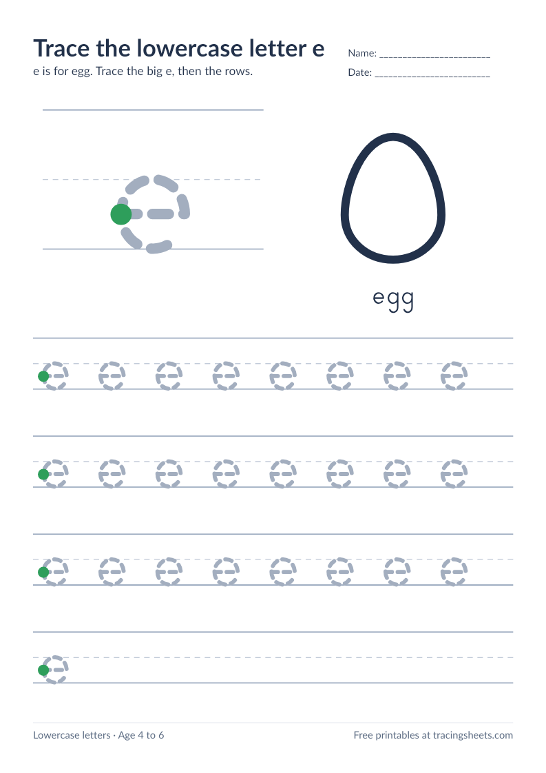 Preview of the printable trace the lowercase letter e worksheet