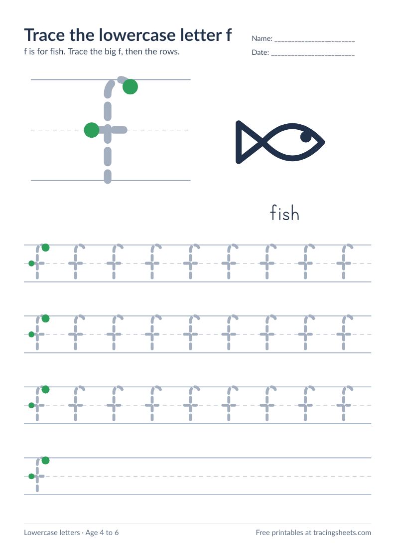 Preview of the printable trace the lowercase letter f worksheet