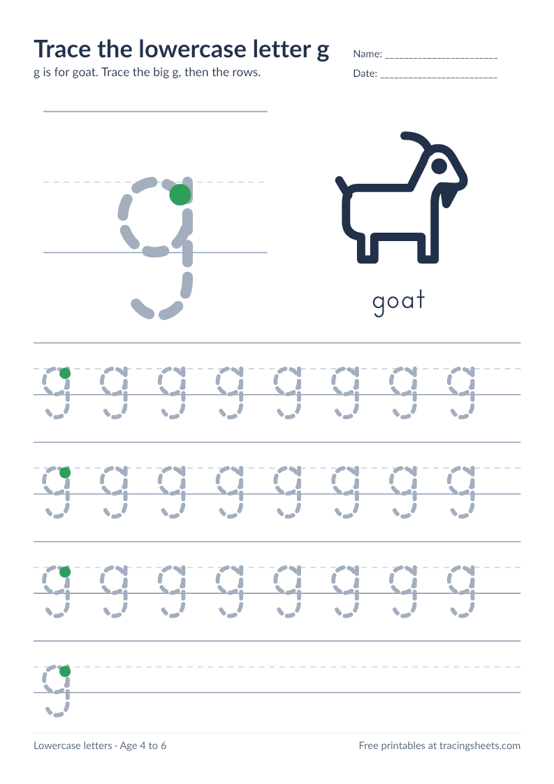 Preview of the printable trace the lowercase letter g worksheet