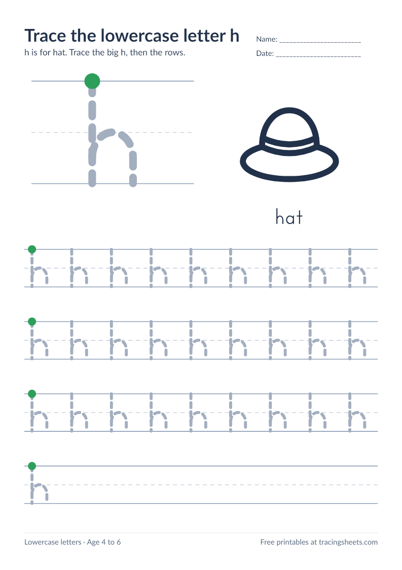 Preview of the printable trace the lowercase letter h worksheet