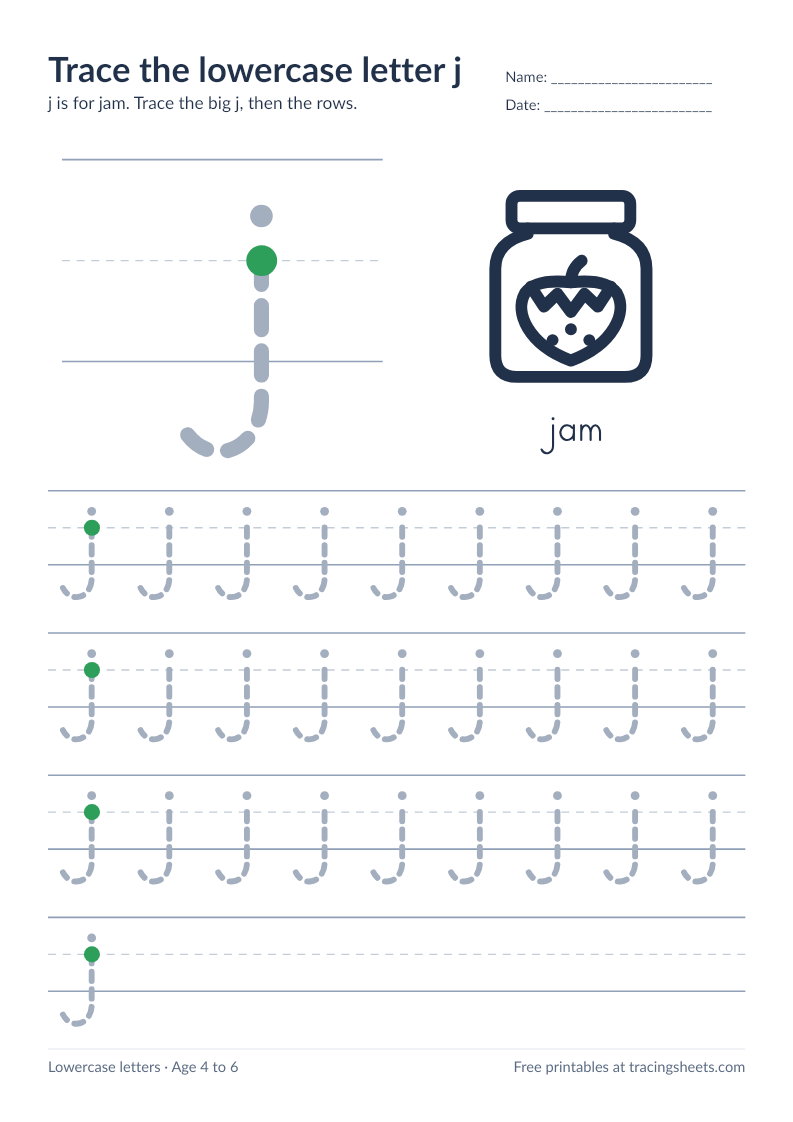 Preview of the printable trace the lowercase letter j worksheet