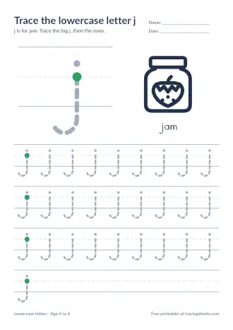 Preview of the trace the lowercase letter j worksheet