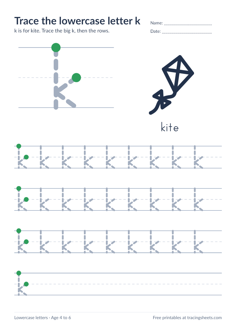 Preview of the printable trace the lowercase letter k worksheet