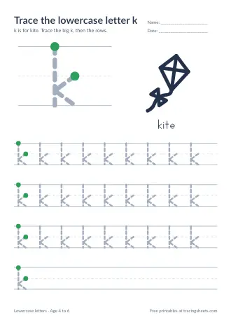 Preview of the trace the lowercase letter k worksheet