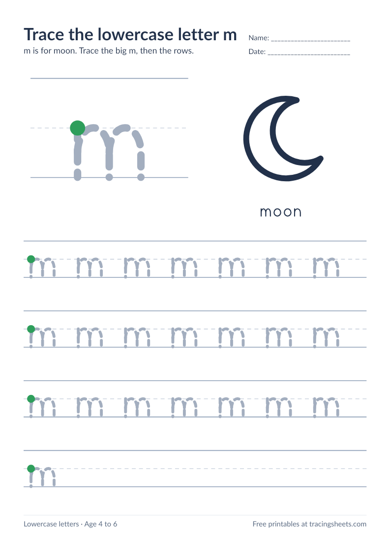 Preview of the printable trace the lowercase letter m worksheet