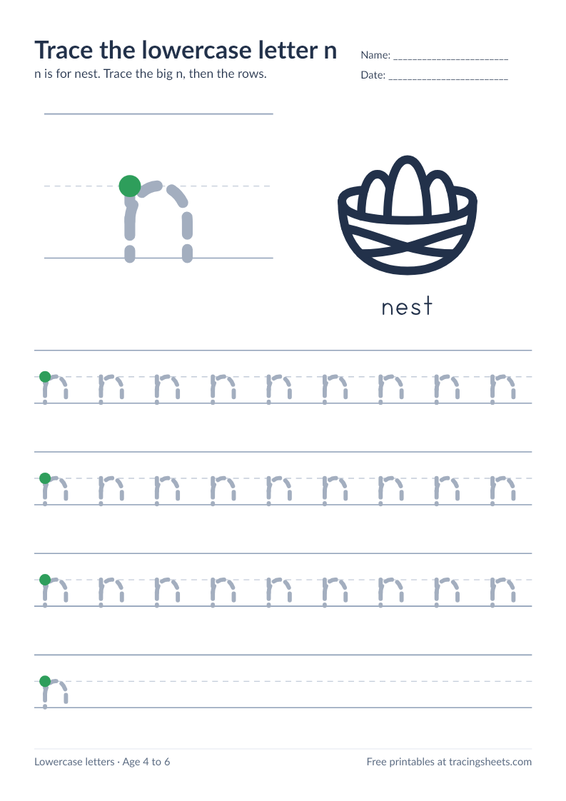 Preview of the printable trace the lowercase letter n worksheet