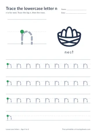 Preview of the trace the lowercase letter n worksheet