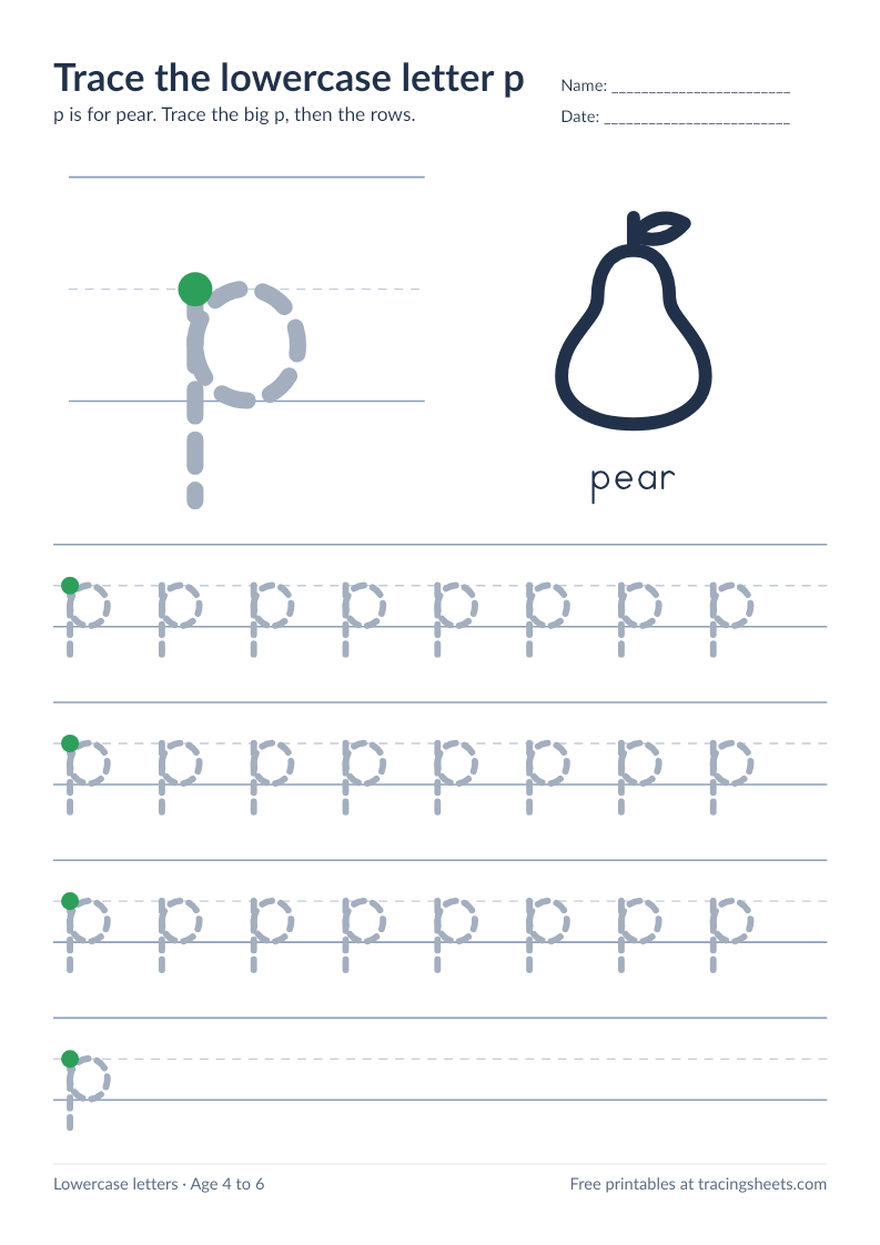 Preview of the printable trace the lowercase letter p worksheet