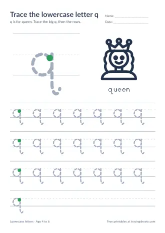 Preview of the trace the lowercase letter q worksheet