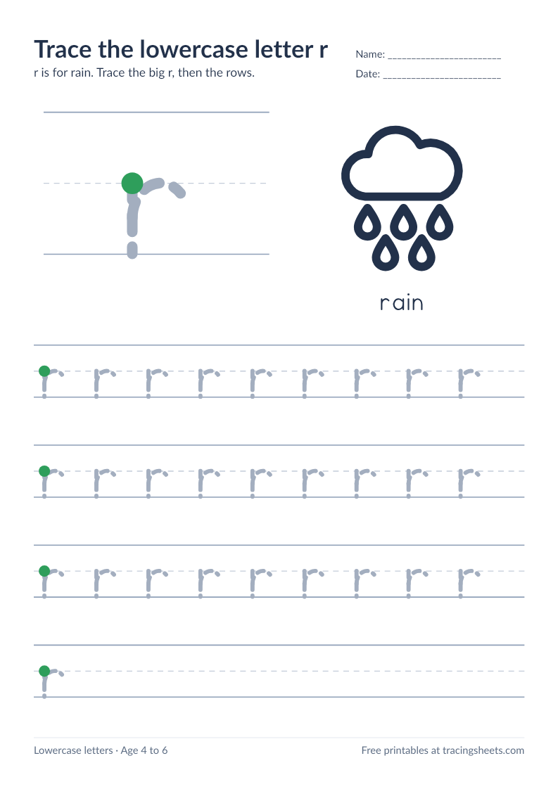 Preview of the printable trace the lowercase letter r worksheet