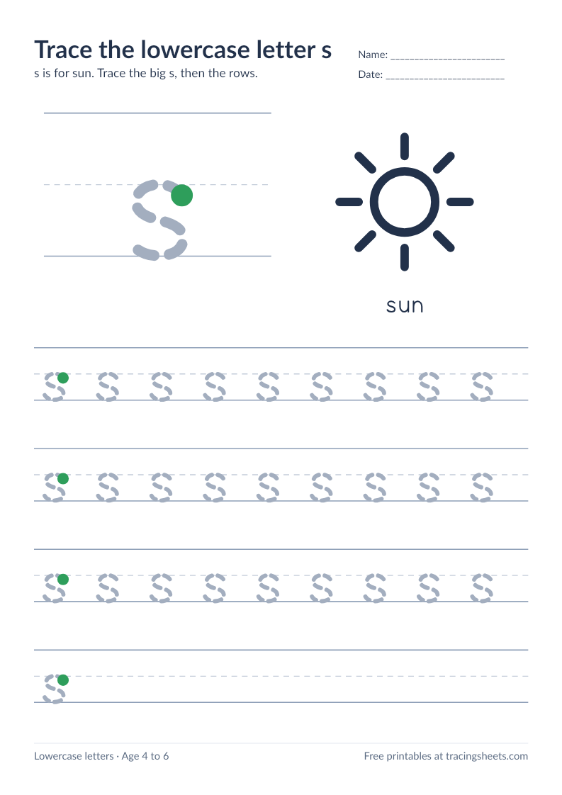 Preview of the printable trace the lowercase letter s worksheet
