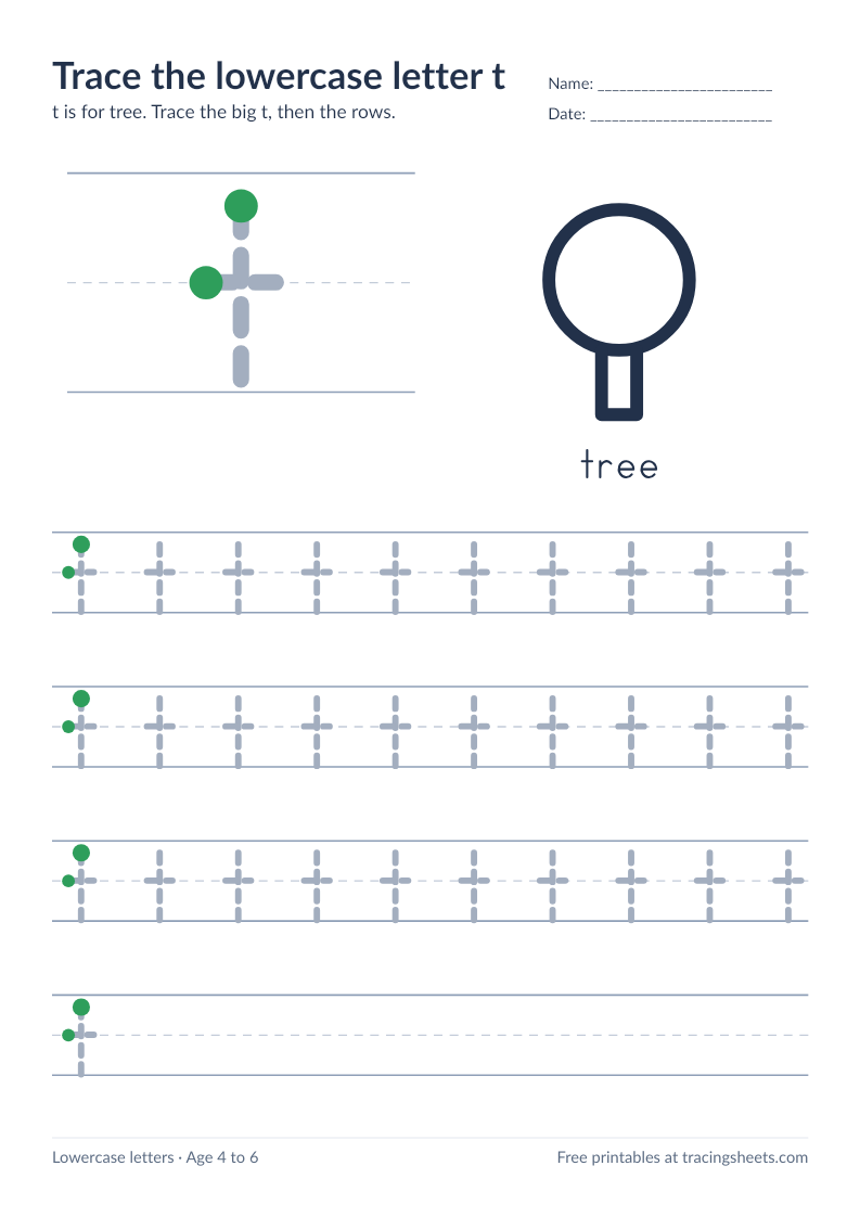 Preview of the printable trace the lowercase letter t worksheet