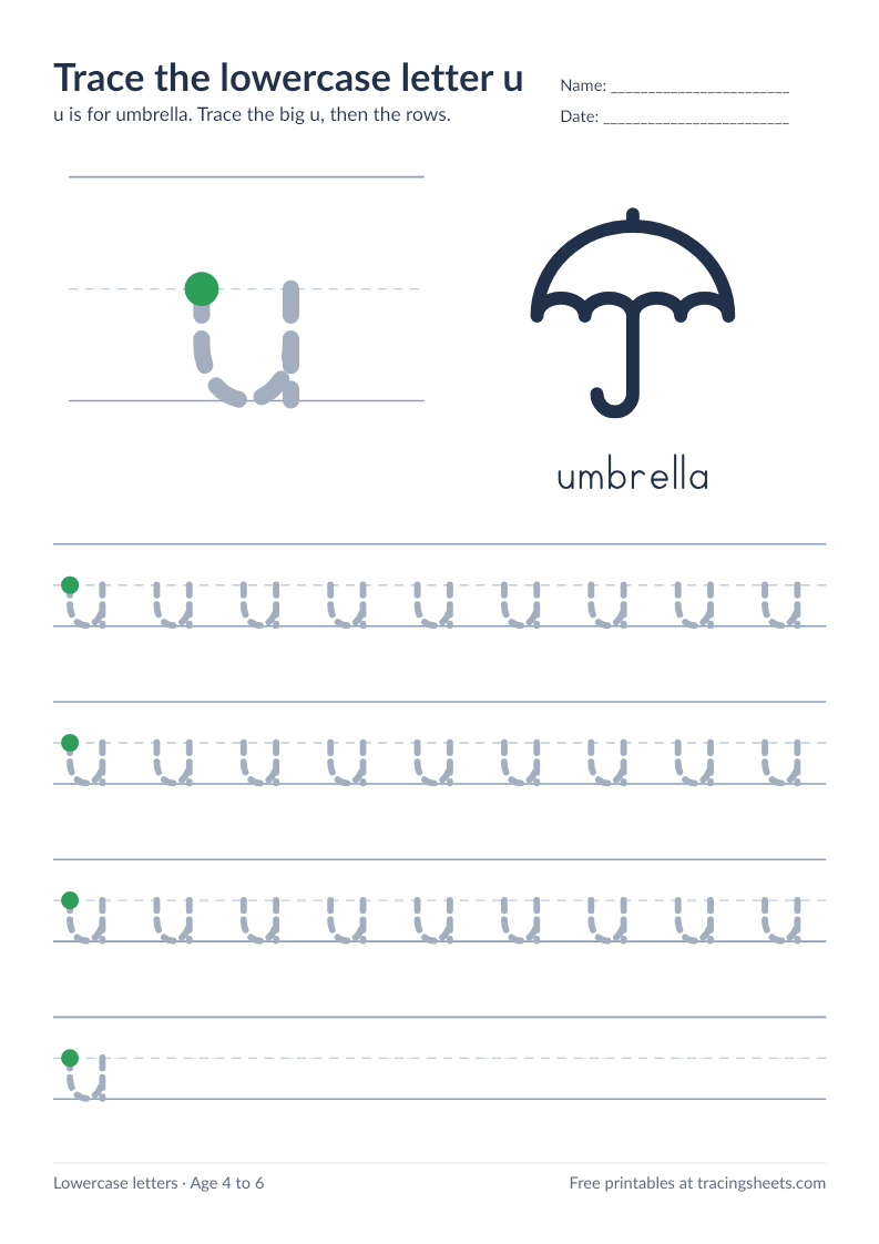 Preview of the printable trace the lowercase letter u worksheet