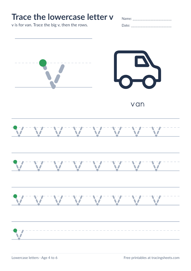 Preview of the printable trace the lowercase letter v worksheet