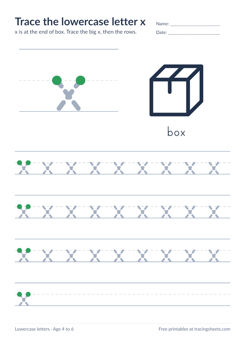 Preview of the printable trace the lowercase letter x worksheet