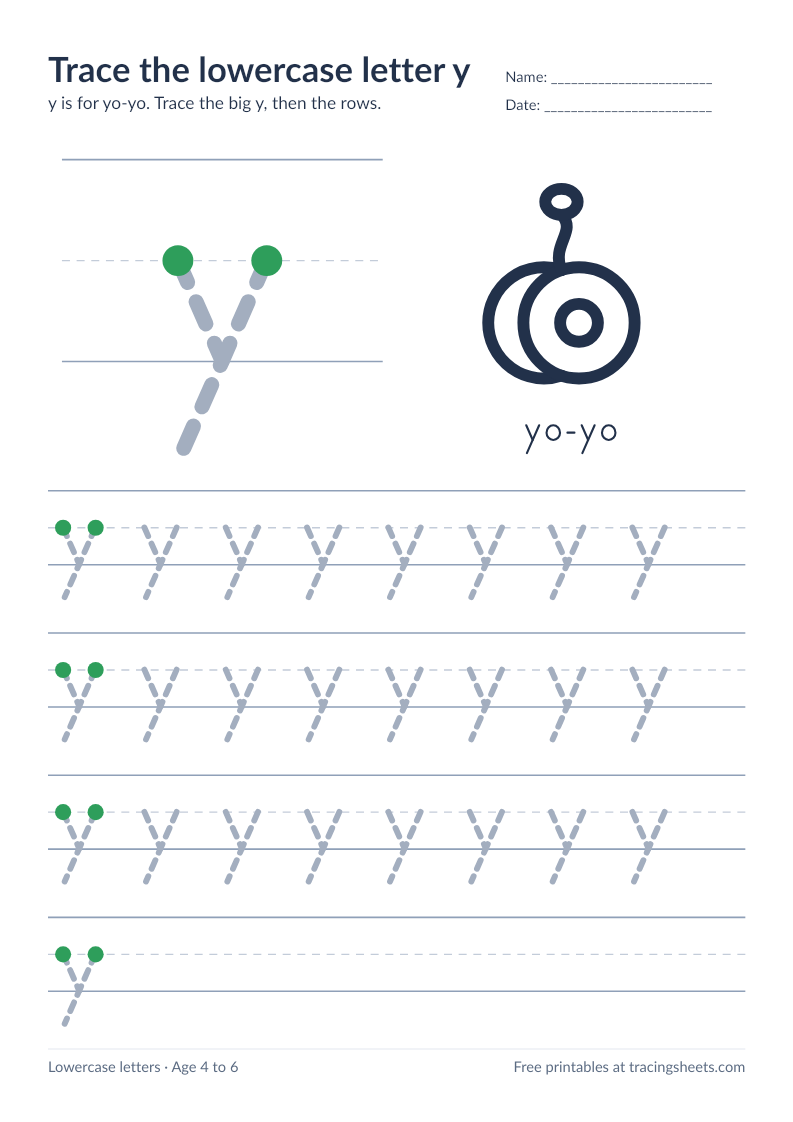 Preview of the printable trace the lowercase letter y worksheet