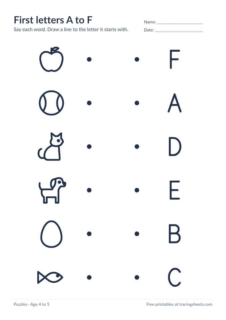 Preview of the printable first letters a to f worksheet
