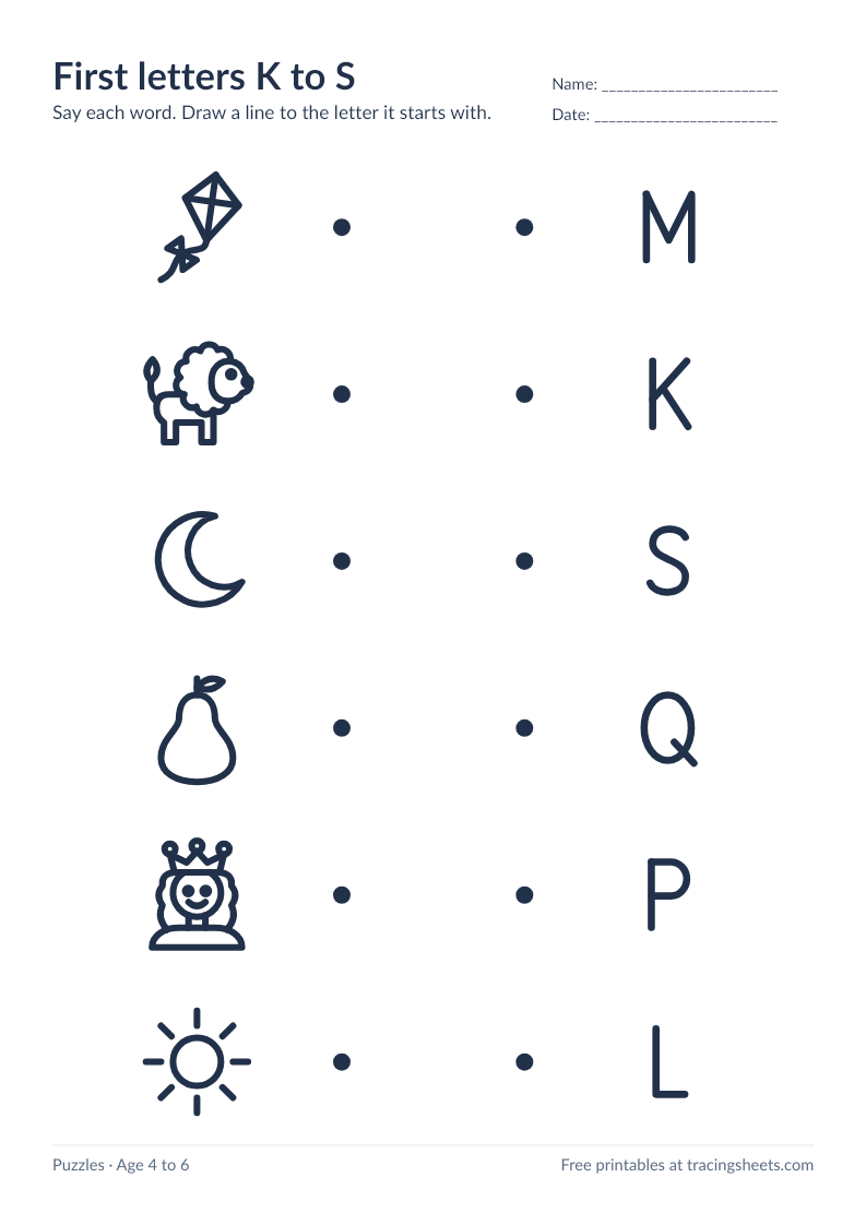Preview of the printable first letters k to s worksheet