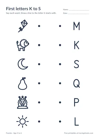 Preview of the first letters k to s worksheet