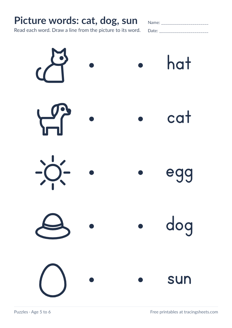 Preview of the printable picture words: cat, dog, sun worksheet