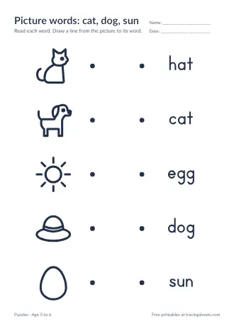 Preview of the picture words: cat, dog, sun worksheet