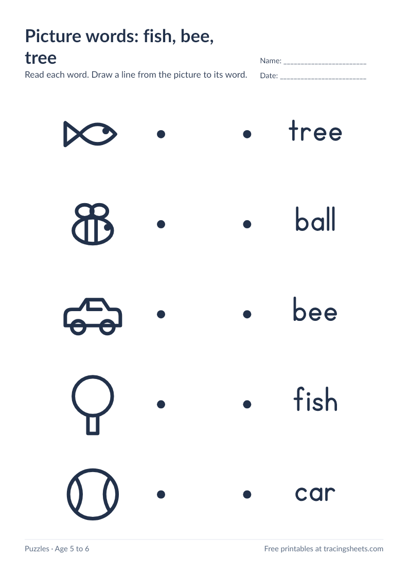 Preview of the printable picture words: fish, bee, tree worksheet