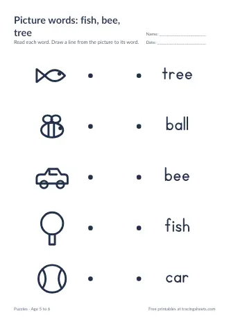 Preview of the picture words: fish, bee, tree worksheet