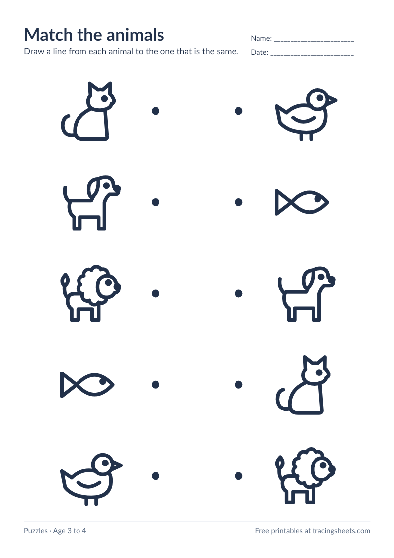 Preview of the printable match the animals worksheet