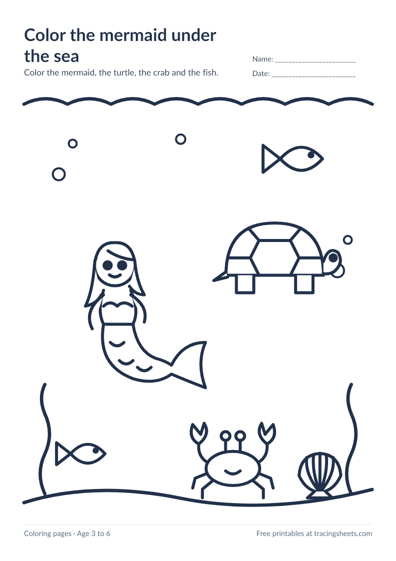 Preview of the printable color the mermaid under the sea worksheet