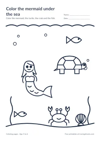 Preview of the color the mermaid under the sea worksheet