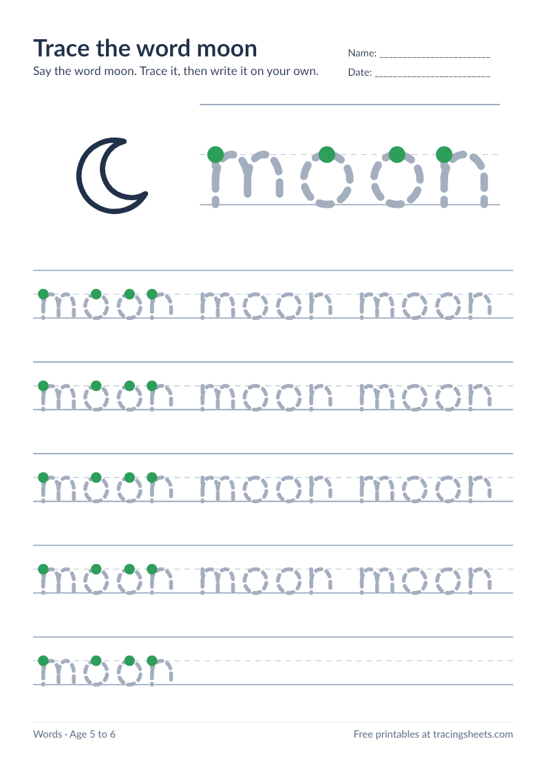 Preview of the printable trace the word moon worksheet