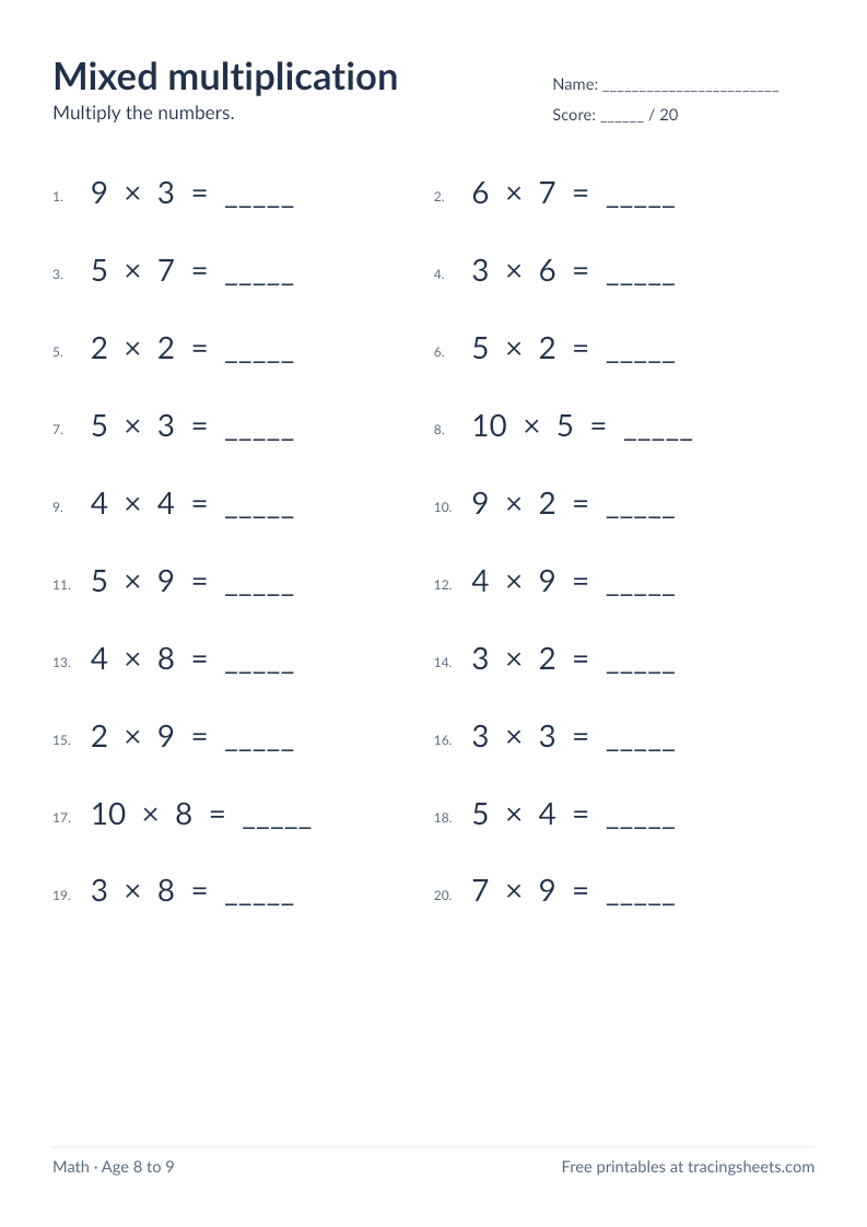 Preview of the printable mixed multiplication worksheet