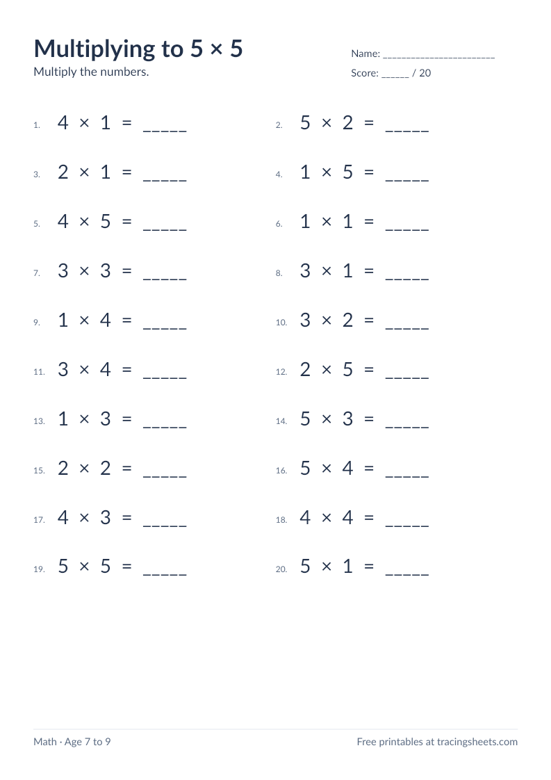 Preview of the printable multiplying to 5 × 5 worksheet