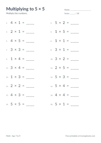 Preview of the multiplying to 5 × 5 worksheet