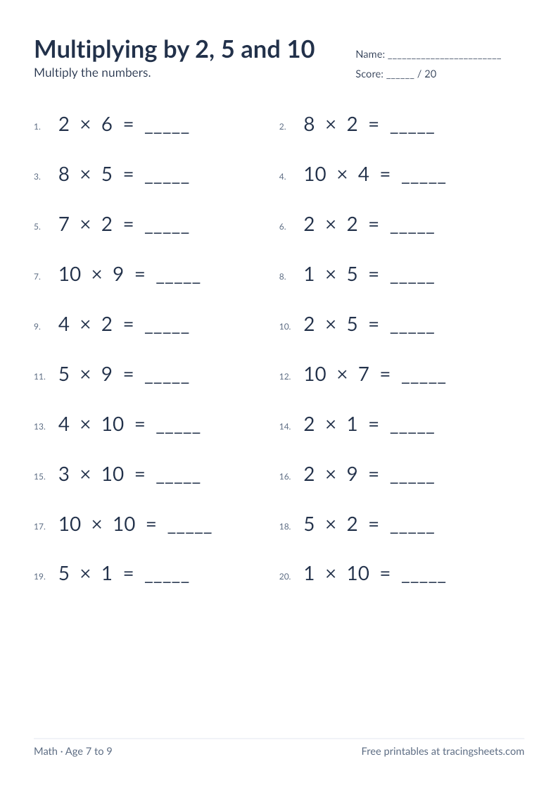 Preview of the printable multiplying by 2, 5 and 10 worksheet