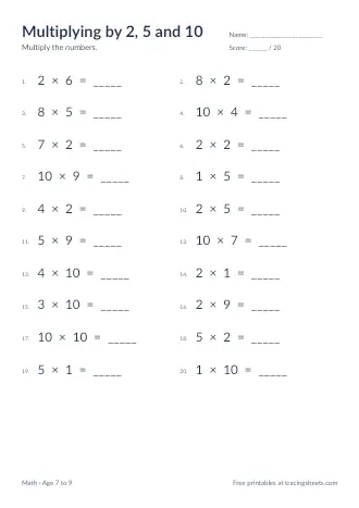 Preview of the multiplying by 2, 5 and 10 worksheet