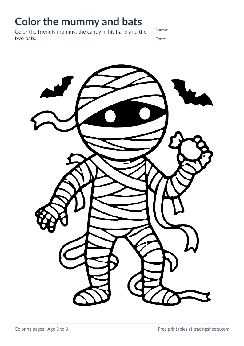 Preview of the printable color the mummy and bats worksheet