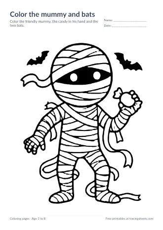 Preview of the color the mummy and bats worksheet
