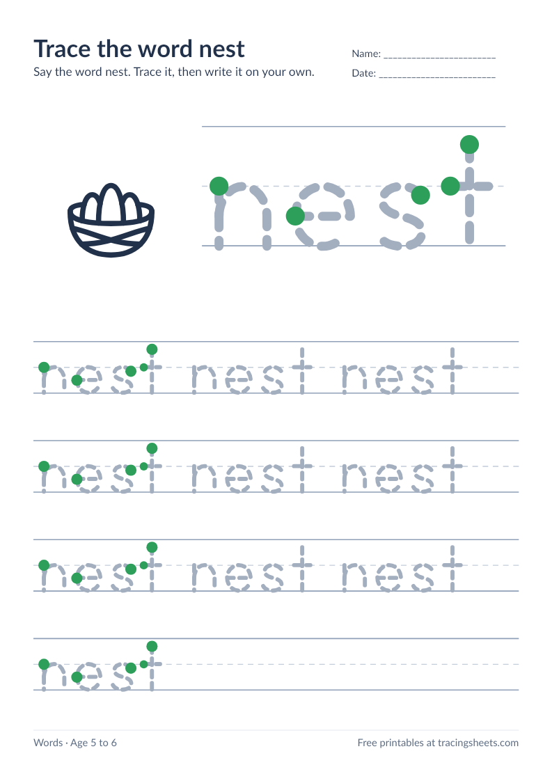 Preview of the printable trace the word nest worksheet