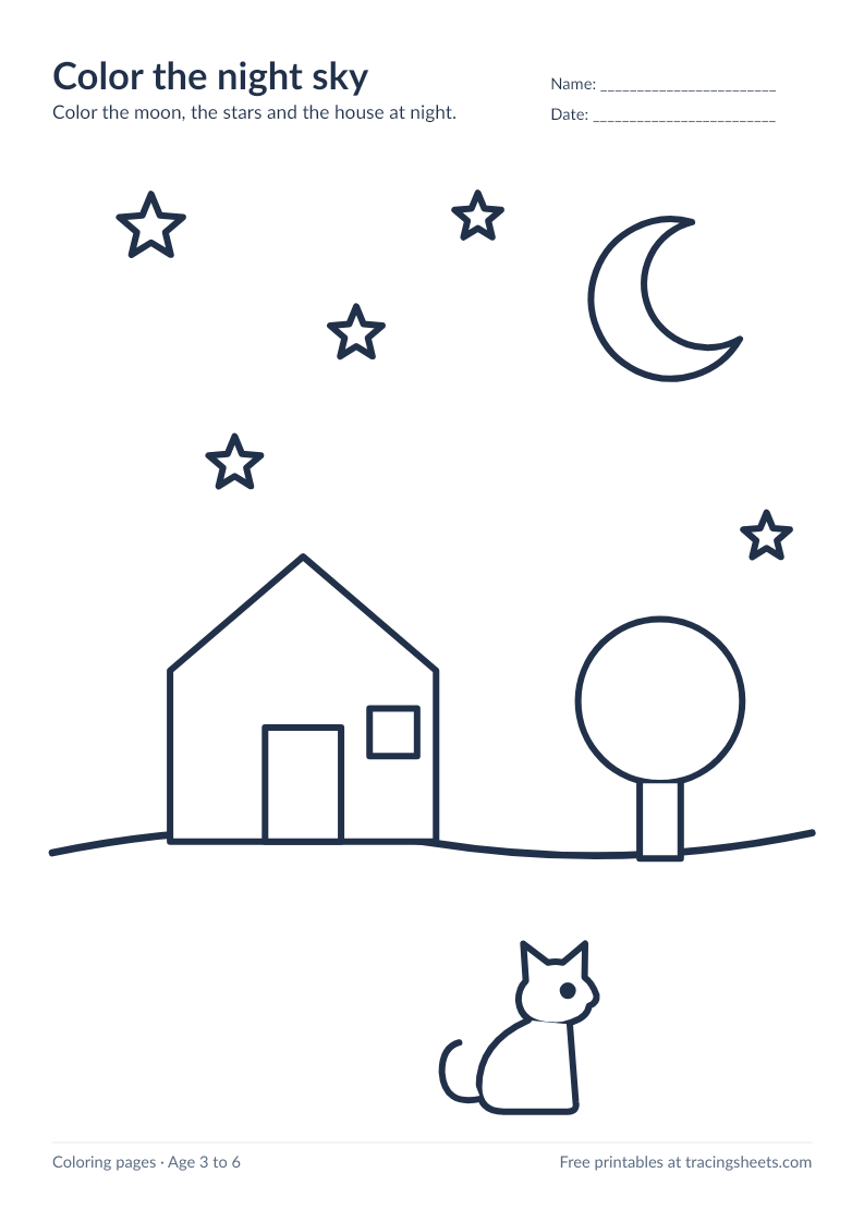 Preview of the printable color the night sky worksheet