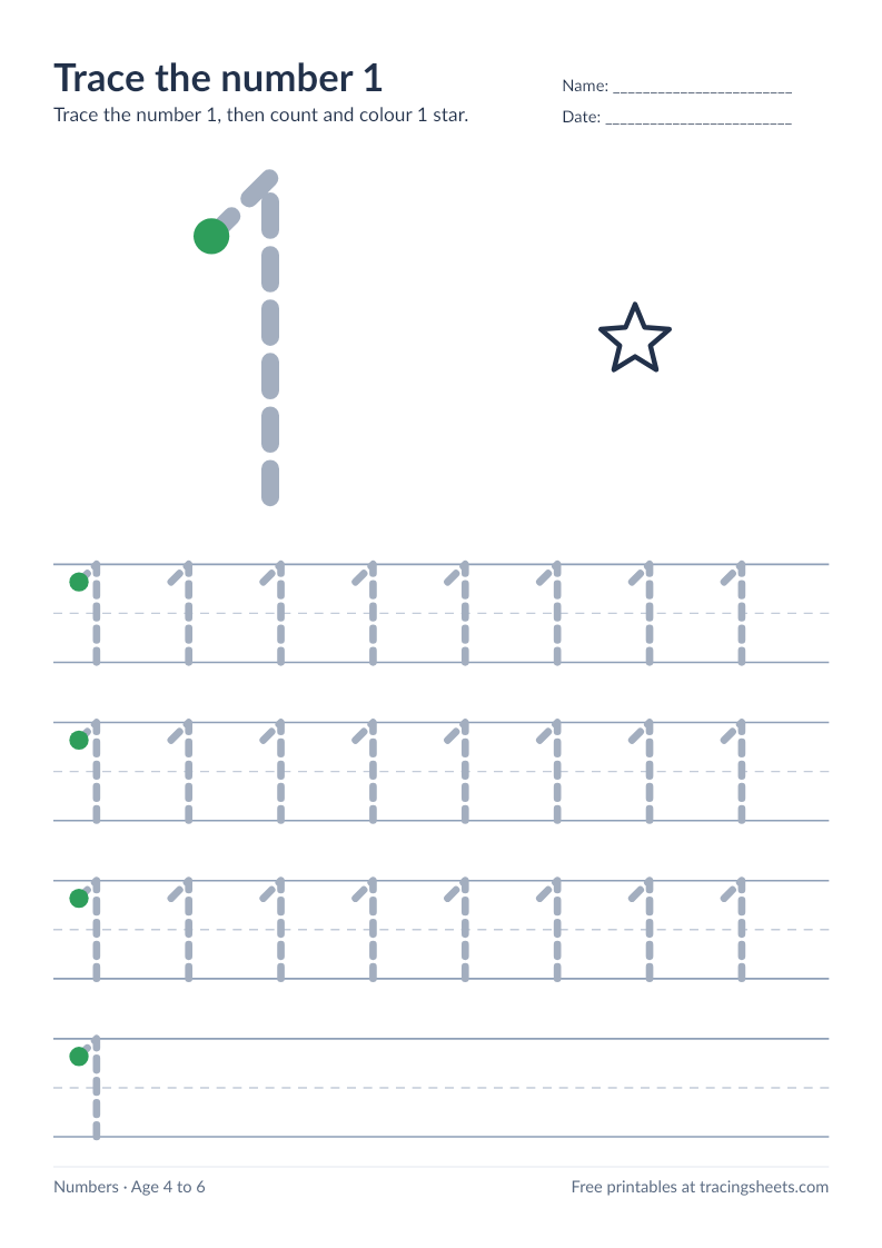 Preview of the printable trace the number 1 worksheet
