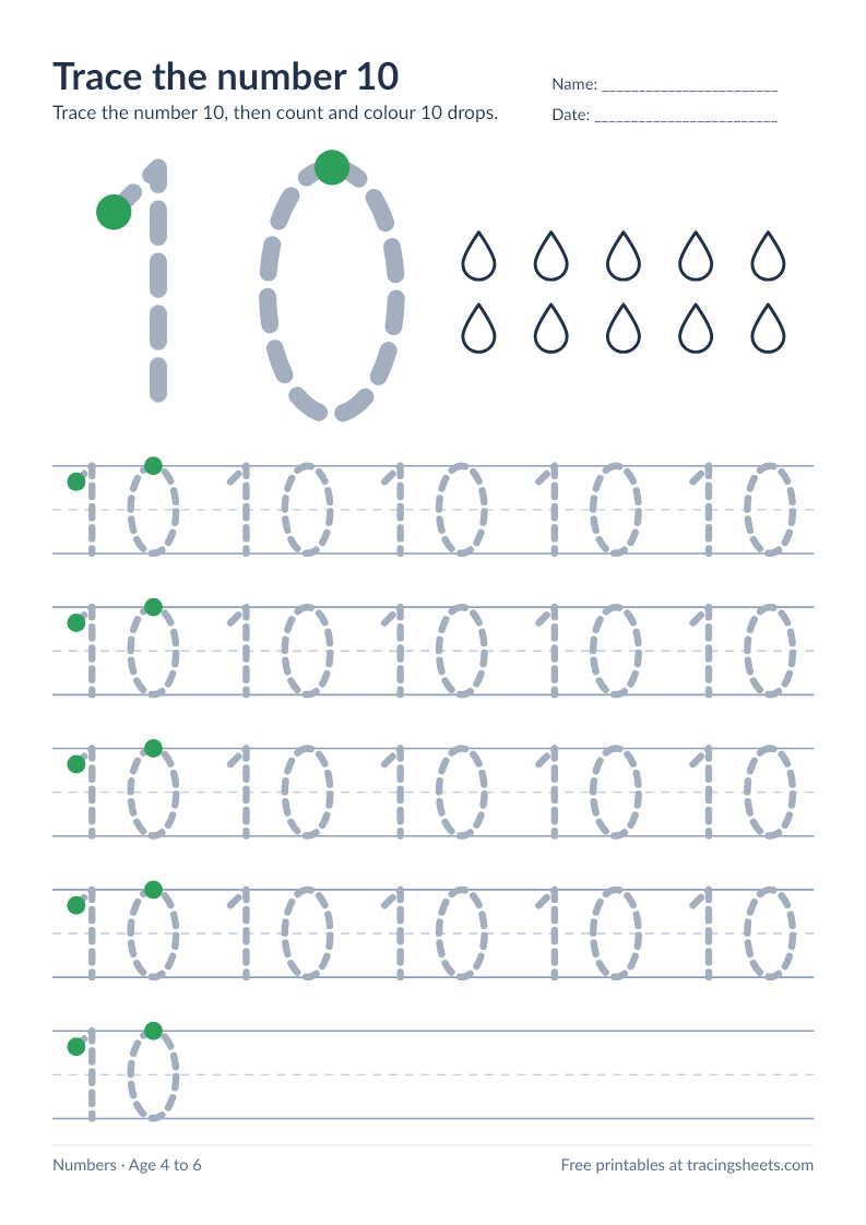 Preview of the printable trace the number 10 worksheet