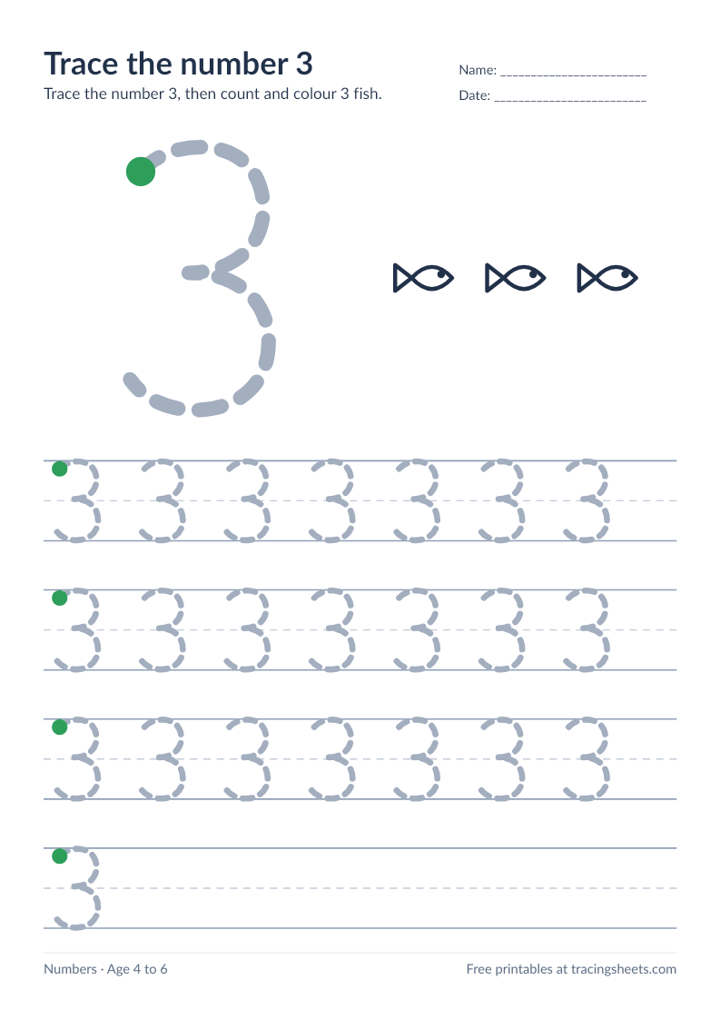 Preview of the printable trace the number 3 worksheet