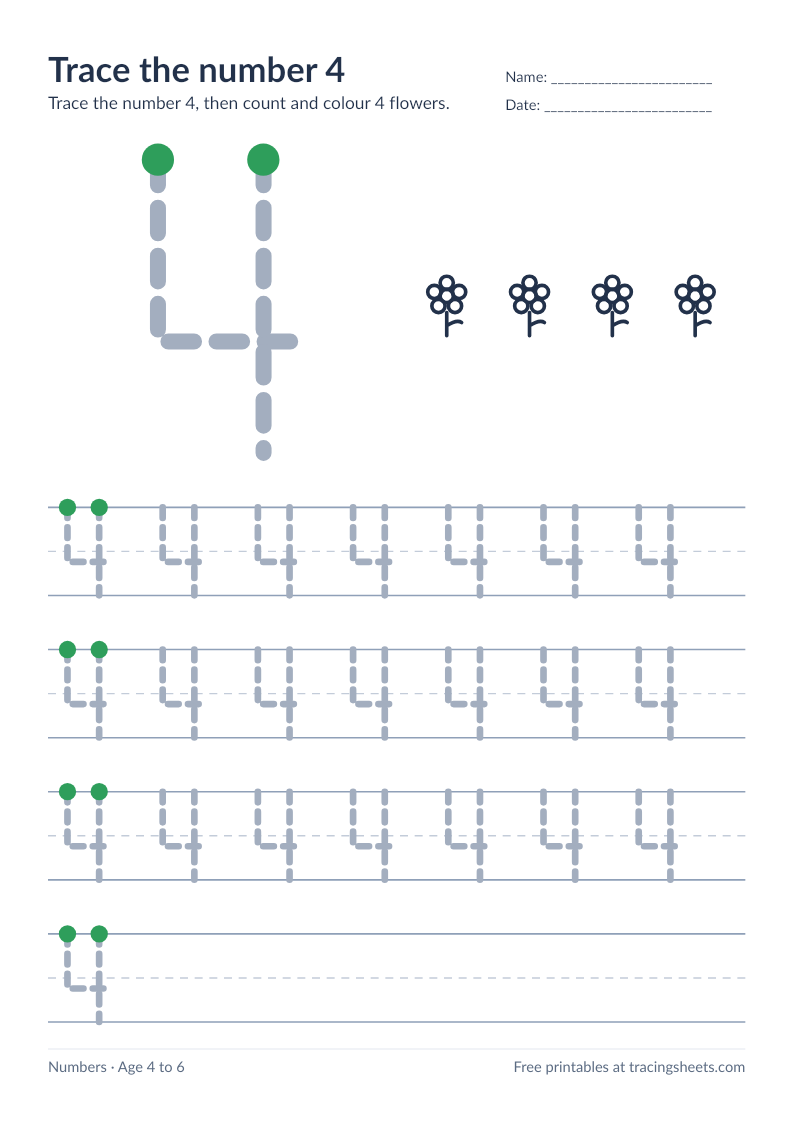 Preview of the printable trace the number 4 worksheet