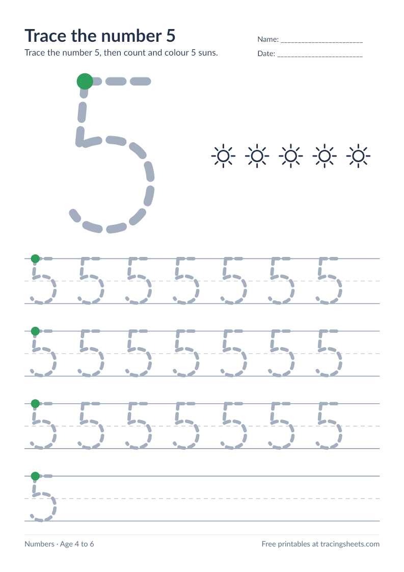 Preview of the printable trace the number 5 worksheet