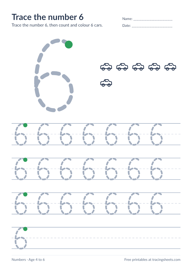 Preview of the printable trace the number 6 worksheet