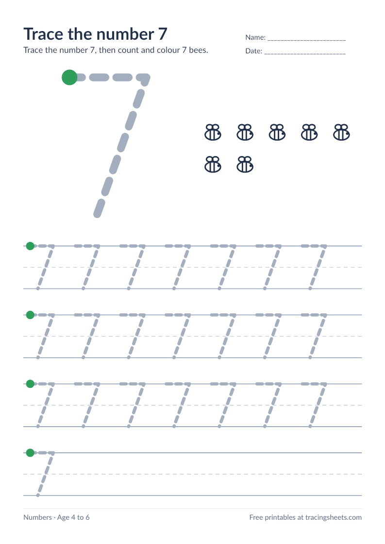 Preview of the printable trace the number 7 worksheet